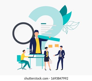 Mann, der Informationen durchsucht, Leute sprechen Vektorillustration Illustration. Internet, Diskussion, FAQ. Suchmaschinenkonzept Kreatives Design für Layouts, Webseiten, Banner