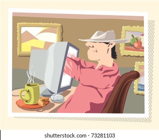 Man is browsing the Internet, downloading data or searching something on his local drives.
Editable vector EPS v9.0