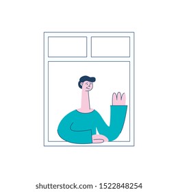 A man or a brunet boy stands at the window and raised his hand in a welcome gesture. Concept of neighbors and neighborhood in the city, vector flat illustration with man neighbor by the window.