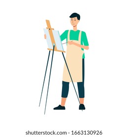 A man brunet painter and artist in an apron draws with a brush at the easel. Creative profession and hobby, isolated vector flat illustration.