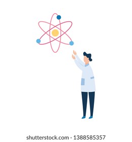 Man brunet scientist or the physicist in a white medical smock explores the atom. The concept of scientific research, flat vector illustration