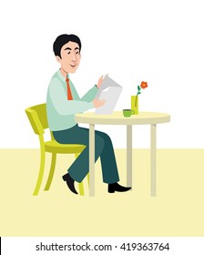 Man brunette in a cafe at the table. Illustration