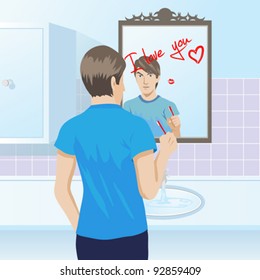 The man brush the teeth in morning surprise that his girlfriend wrote the word I Love You at washroom's mirror by lipstick