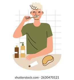 A man brushes her teeth in the bathroom. Morning routine. Hygiene and dental care. Flat cartoon vector illustration