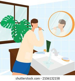 man brushes his teeth in the bathroom at home. Cozy Vector illustration in a flat style