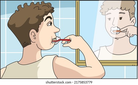 Man brushes his teeth in the bathroom in front of the mirror. Oral hygiene.