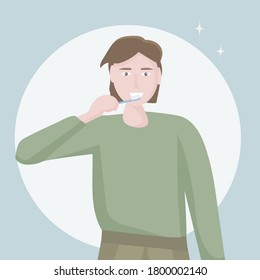 A man brushes his teeth daily with a toothbrush. Oral hygiene every day. It's important to brush properly and clean your teeth every day.  Vector illustration flat design