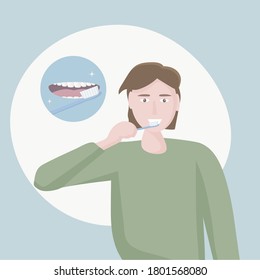 A man brushes his teeth daily with a toothbrush.  Examples of care include open mouth with tongue and healthy, clean teeth. Mouth hygiene every day. Vector illustration flat design