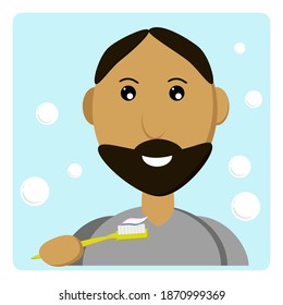Un hombre se cepilla los dientes, un hombre con barba sostiene un cepillo de dientes con pasta en la mano, higiene personal en el baño en una ilustración vectorial de estilo plano