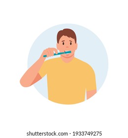 Man brushes tongue with a toothbrush. Smiling mouth with tongue and healthy teeth. Oral hygiene and dental procedures concept. Cute vector illustration in flat