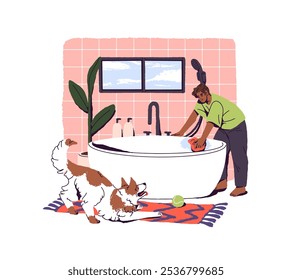 Man brushing bathtub, wipes with rag. Dog has fun during person cleaning, washing bath. Boy does housework in bathroom with pet. Housekeeping, household. Flat isolated vector illustration on white