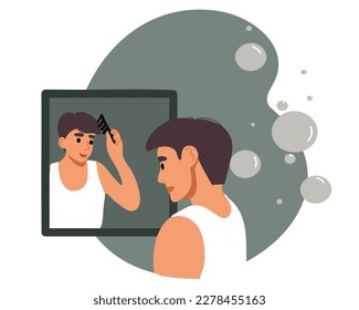 Hombre cepillando su pelo frente a un espejo, poniéndose el pelo. Ilustración vectorial plana