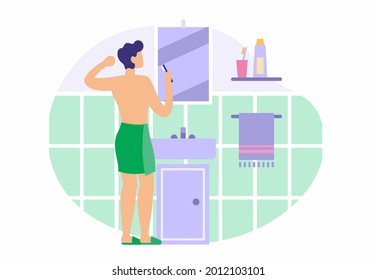 El hombre se está lavando los dientes en el baño. Un tipo con toalla verde parado frente al espejo con cepillo de dientes. Buenos días revigorizando los procedimientos de higiene antes del trabajo. Ilustración plana del vector