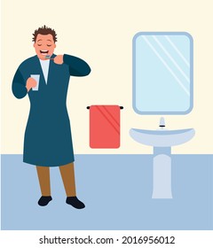 Man brushing his teeth in the bathroom. Vector illustration of a flat design.