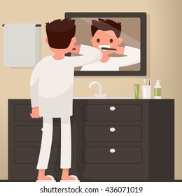 Man brushing his teeth in the bathroom. Vector illustration of a flat design