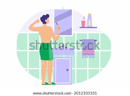 Man is brushing his teeth in bathroom. Guy in green towel stands in front of mirror with toothbrush. Morning invigorating hygiene procedures before work. Vector flat illustration