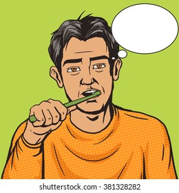 Man brushing his teeth in the morning pop art style vector. Human illustration. Comic book style imitation. Vintage retro style. Conceptual illustration