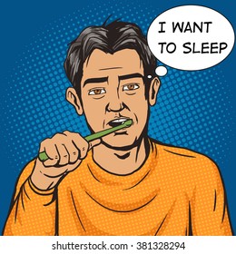 Man brushing his teeth in the morning pop art style vector. Human illustration. Comic book style imitation. Vintage retro style. Conceptual illustration