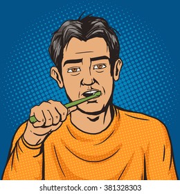 Man brushing his teeth in the morning pop art style vector. Human illustration. Comic book style imitation. Vintage retro style. Conceptual illustration