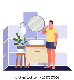 Man brushing his teeth. Person standing in the bathroom using toothbrush. Man doing his daily healthcare routine. Cartoon vector illustration