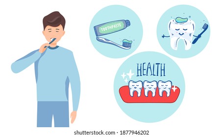 Mann, der sich die Zähne putzt. Vektorgrafik eines flachen Designs. Mein Gesundheitsschreiben. Zahnreinigung, gesunde Zähne. Konzept-Infografik.
