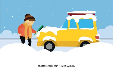 Man brushing snow from car