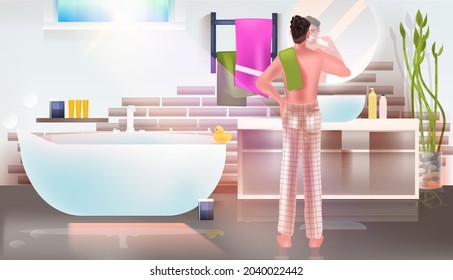 man brushing teeth in bathroom full length