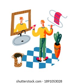 Man brushing teeth in bathroom. Guy standing washing face in front of mirror in early morning or evening. Schedule vector illustration. Everyday routine at home. Modern interior design.