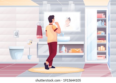 Hombre cepillando dientes en el baño en casa. Hombre joven mirando en un espejo lavando ilustración vectorial. Habitaciones de diseño interior moderno con wc, lavabo, armario con estantes y moqueta.