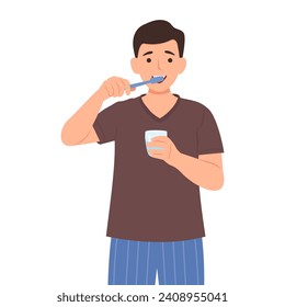 Man brushing teeth. Daily hygiene routine. Dental health concept.Vector illustration