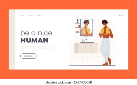 Man Brushing Teeth Landing Page Template. Young Handsome African Male Character in Nightwear with Towel Stand front of Mirror and Sink Applying Every Day Hygiene Routine. Cartoon Vector Illustration