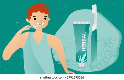 Man brushing teeth with modern electric toothbrush. Close up of tootbrush and toothpaste. Dental health flat vector.