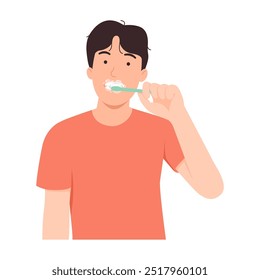 Homem escovando dentes, cuidado oral, proteção de dentes fortes saudáveis, ilustração vetor isolado no fundo branco.