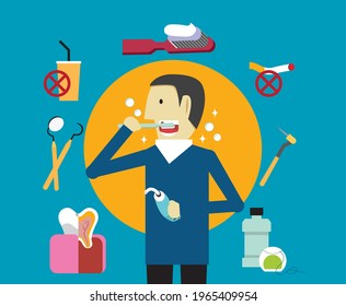 A man brushing teeth with oral icon set