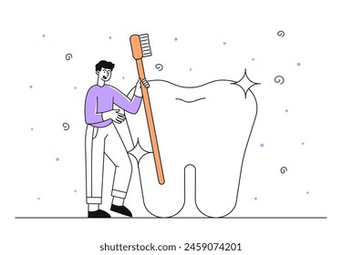 Man brushing teeth simple. Young guy with brush standing near large tooth. Cleanliness and hygiene, routine. Health care and treatment. Doodle flat vector illustration isolated on white background