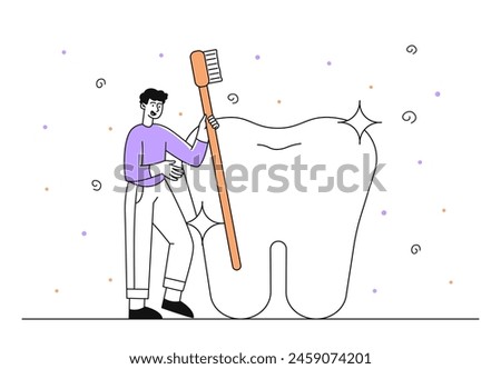 Man brushing teeth simple. Young guy with brush standing near large tooth. Cleanliness and hygiene, routine. Health care and treatment. Doodle flat vector illustration isolated on white background