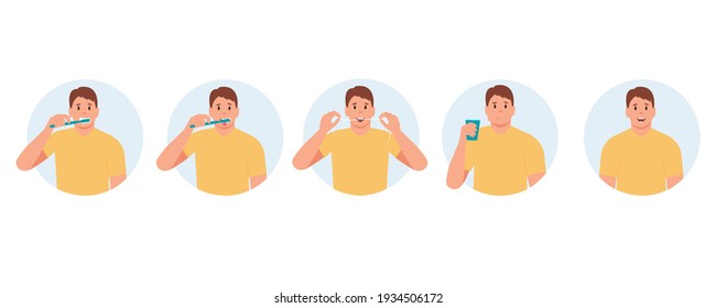 Man Brushing Teeth Stages. Collection. Dental Care And Hygiene. Brush Your Teeth, Tongue, Floss, Rinse Your Mouth.Flat Vector Illustration