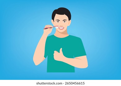 Man brushing teeth with thumbs up on blue background. Ideal for health education, dental campaigns, and kids content.