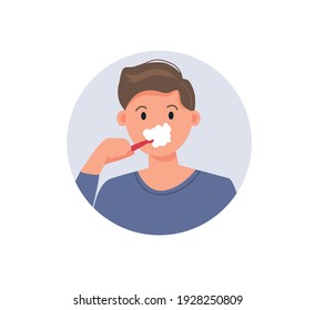 Hombre cepillando dientes con cepillo de dientes. Atención dental e higiene. Ilustración vectorial plana