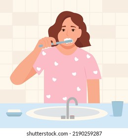  Man  brushing teeth with toothbrush.
Dental health and hygiene concept.Vector illustration