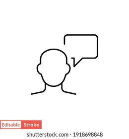 Man with bubble speech line icon. Testimonials and customer relationship management concept. Simple outline style. Vector illustration isolated on white background. Editable stroke EPS 10. 