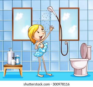 Man with bubbles on his body showering in a bathroom