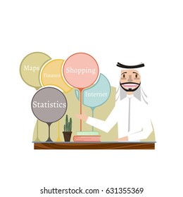 Man with a bubbles presenting his report through info graphics. Reporting concept. Vector flat design illustration. Horizontal layout with a text space in a left.