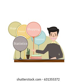 Man with a bubbles presenting his report through info graphics. Reporting concept. Vector flat design illustration. Horizontal layout with a text space in a left.