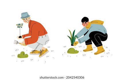 Hombre con sombrero de cubo trabajando en un jardín con un conjunto de vectores de planta de cultivo de sake