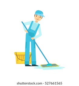 Man With Bucket and Mop Washing The Floor, Cleaning Service Professional Cleaner In Uniform Cleaning In The Household