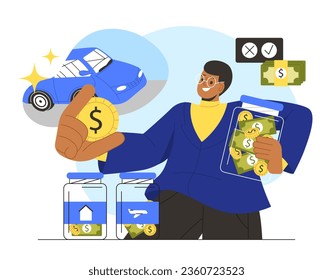 Man with budget planning concept. Young guy with glass of golden coins and banknotes. Financial literacy and passive income. Budgeting and accounting. Cartoon flat vector illustration