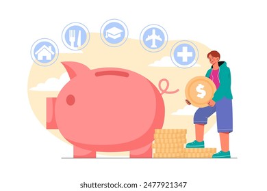 Hombre con presupuesto. Joven con una moneda cerca de la alcancía. Alfabetización financiera e ingresos pasivos. Evaluación del presupuesto y los ahorros. Presupuestos y contabilidad. Ilustración vectorial plana de dibujos animados