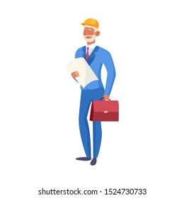 Man builder businessman standing and looking at plan vector illustration