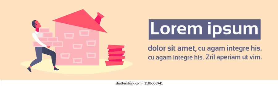 man builder carrying bricks businessman building house successful business startup concept construction performance male cartoon character full length horizontal flat copy space vector illustration
